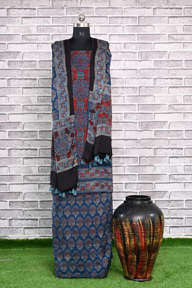 Smokey Indigo Unstitched Modal Silk Ajrakh Print Suit