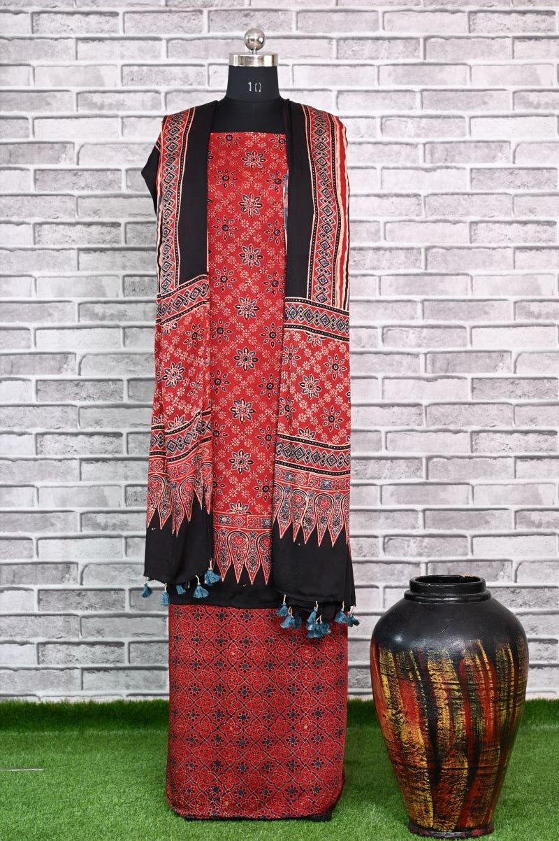 Red Floral Stria Unstitched Modal Silk Ajrakh Print Suit