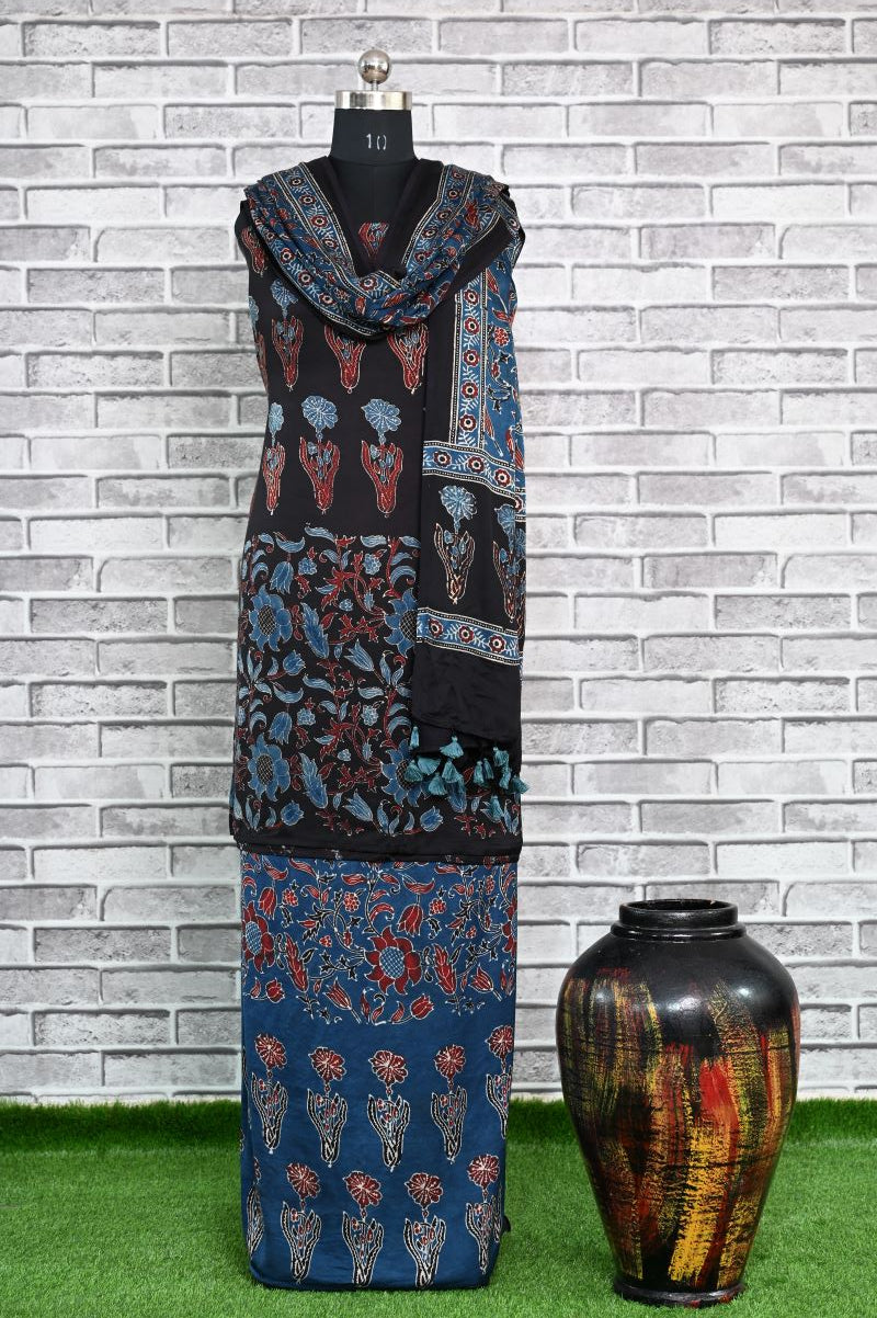 Black Indigo Unstitched Modal Silk Ajrakh Print Suit