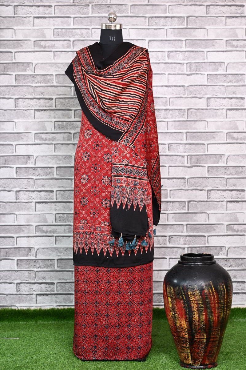 Red Floral Stria Unstitched Modal Silk Ajrakh Print Suit