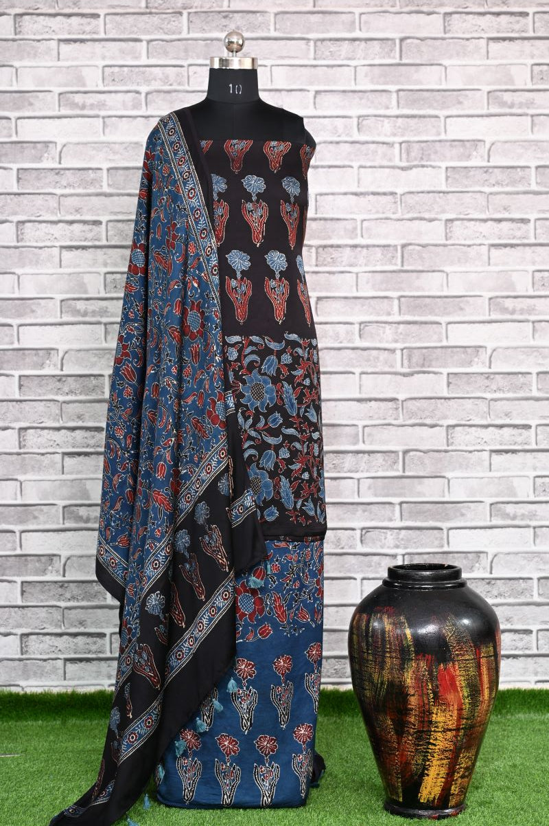 Black Indigo Unstitched Modal Silk Ajrakh Print Suit
