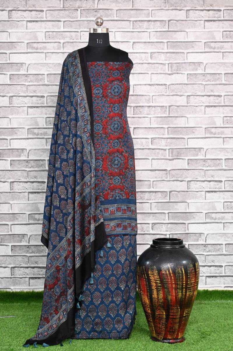 Smokey Indigo Unstitched Modal Silk Ajrakh Print Suit