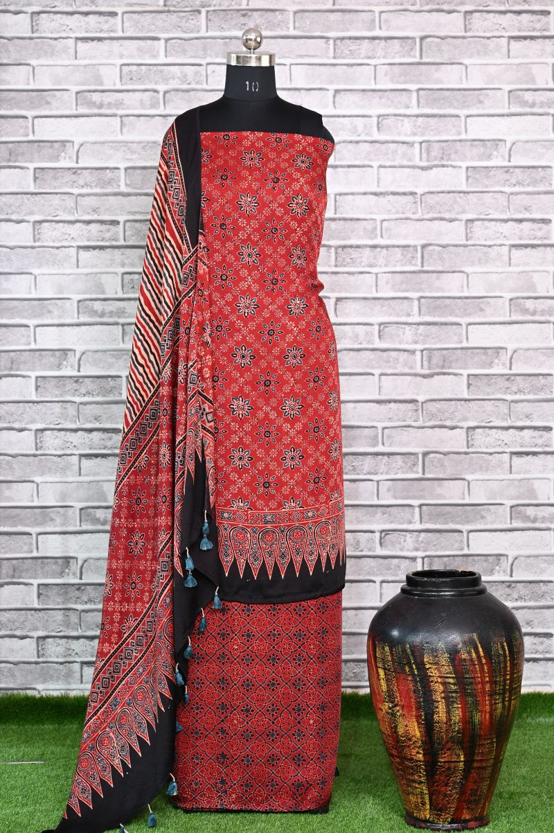 Red Floral Stria Unstitched Modal Silk Ajrakh Print Suit
