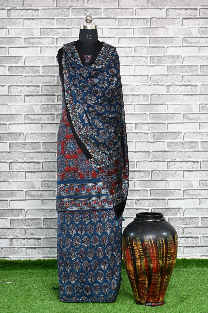 Smokey Indigo Unstitched Modal Silk Ajrakh Print Suit