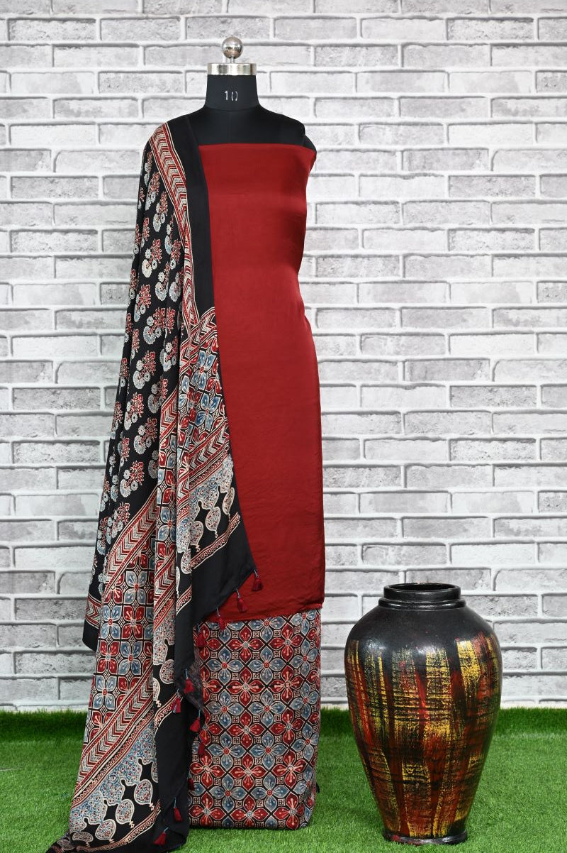 Maroon Flora Unstitched Modal Silk Ajrakh Print Suit