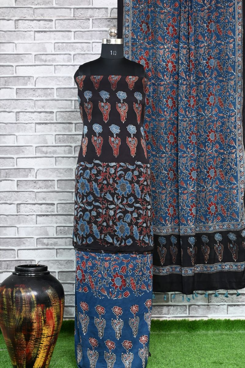 Black Indigo Unstitched Modal Silk Ajrakh Print Suit