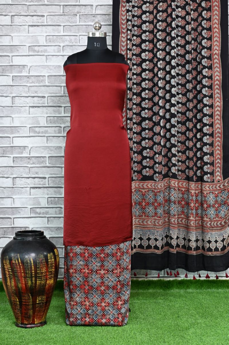 Maroon Flora Unstitched Modal Silk Ajrakh Print Suit