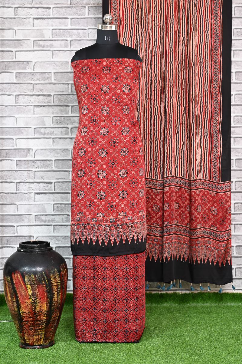 Red Floral Stria Unstitched Modal Silk Ajrakh Print Suit