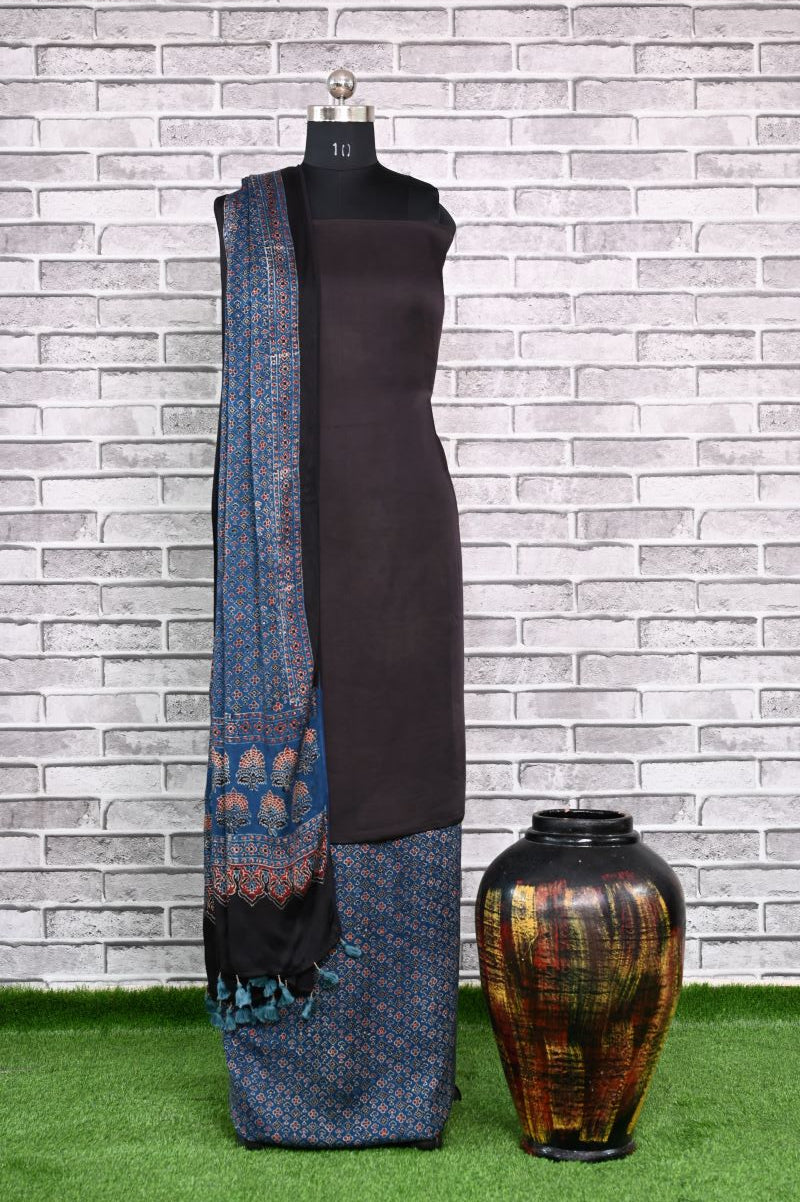 Indigo Floret Unstitched Modal Silk Ajrakh Print Suit