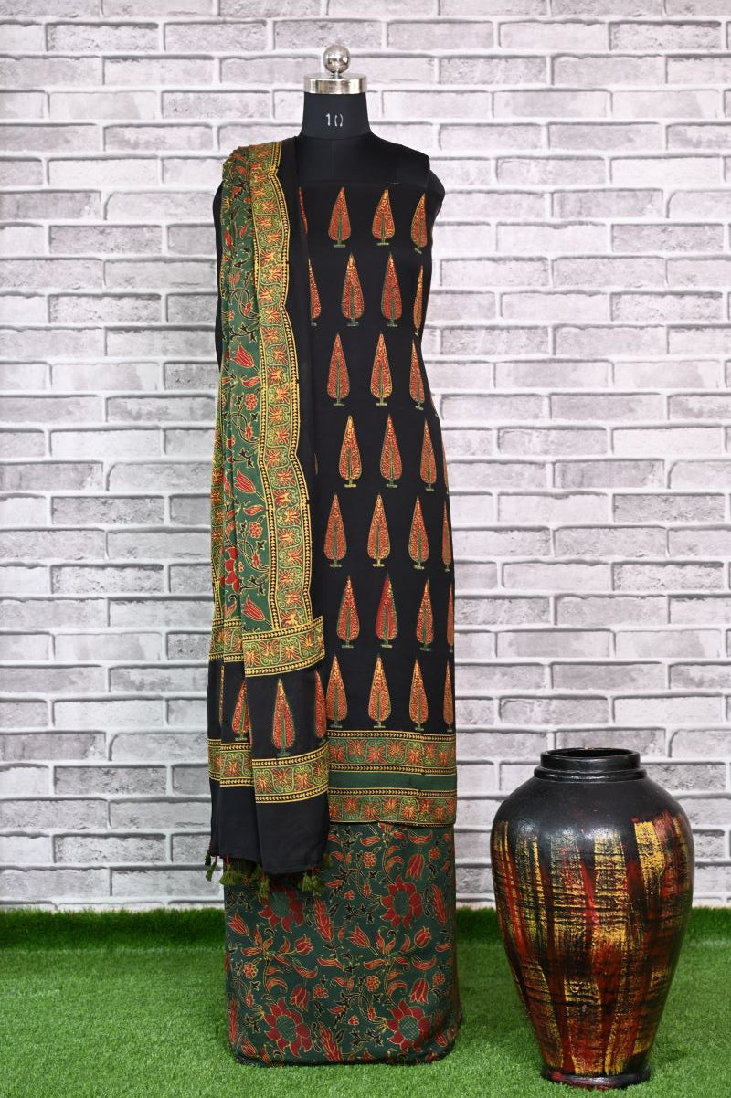 Pine Floral Unstitched Modal Silk Ajrakh Print Suit