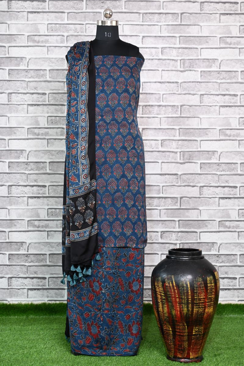 Indigo Kamal Unstitched Modal Silk Ajrakh Print Suit