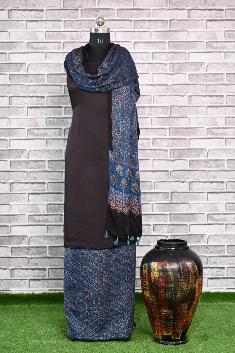 Indigo Floret Unstitched Modal Silk Ajrakh Print Suit