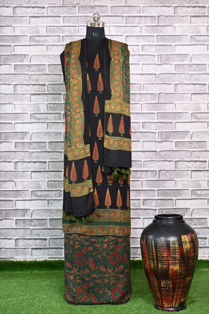 Pine Floral Unstitched Modal Silk Ajrakh Print Suit