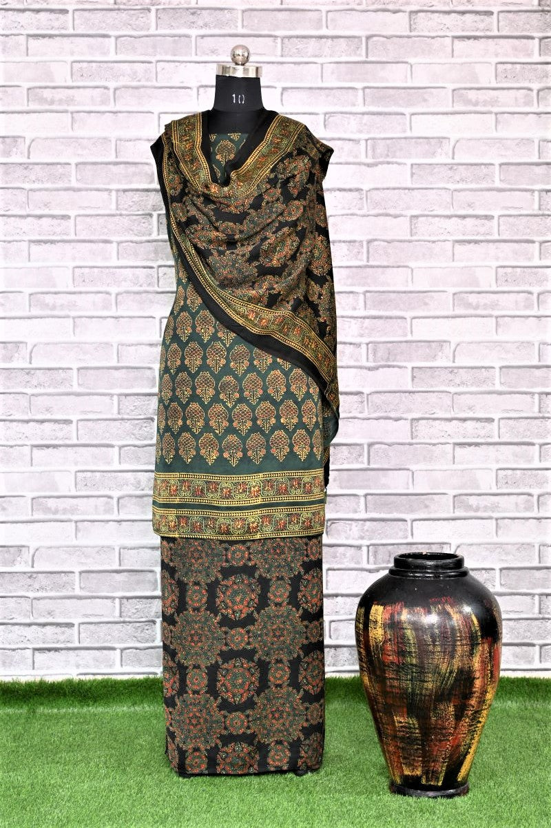 Green Kamal Pital Unstitched Modal Silk Ajrakh Print Suit