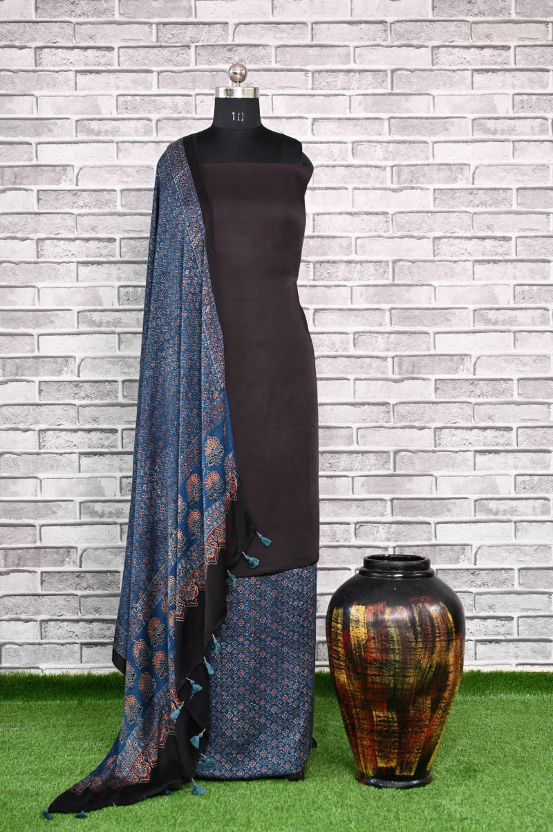 Indigo Floret Unstitched Modal Silk Ajrakh Print Suit