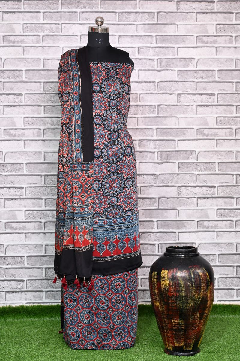 Indigo Madhagalo Unstitched Modal Silk Ajrakh Print Suit