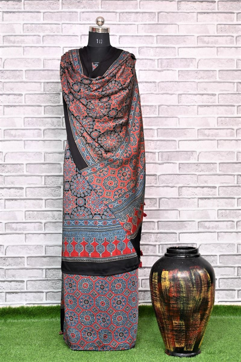 Indigo Madhagalo Unstitched Modal Silk Ajrakh Print Suit