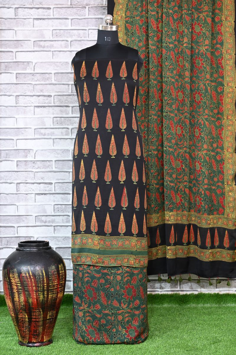 Pine Floral Unstitched Modal Silk Ajrakh Print Suit