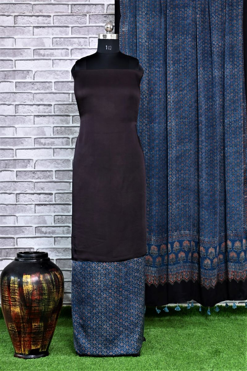 Indigo Floret Unstitched Modal Silk Ajrakh Print Suit