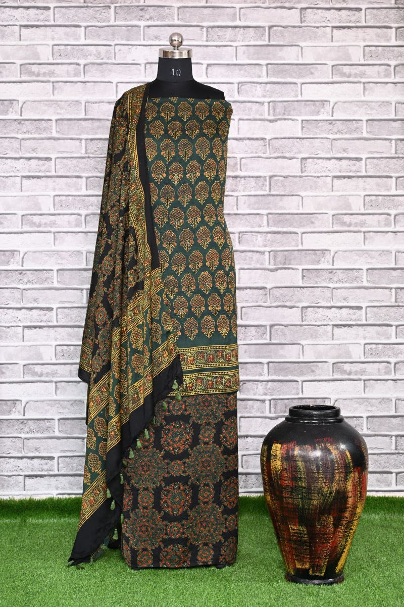 Green Kamal Pital Unstitched Modal Silk Ajrakh Print Suit
