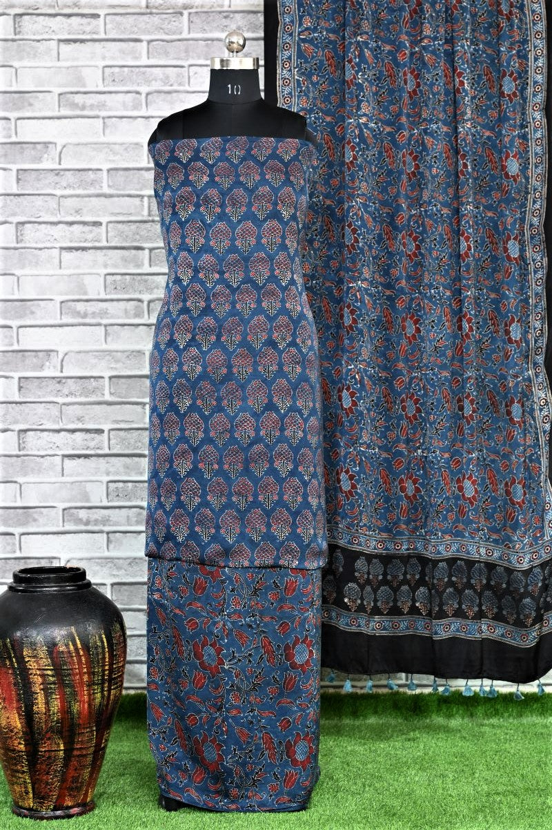 Indigo Kamal Unstitched Modal Silk Ajrakh Print Suit