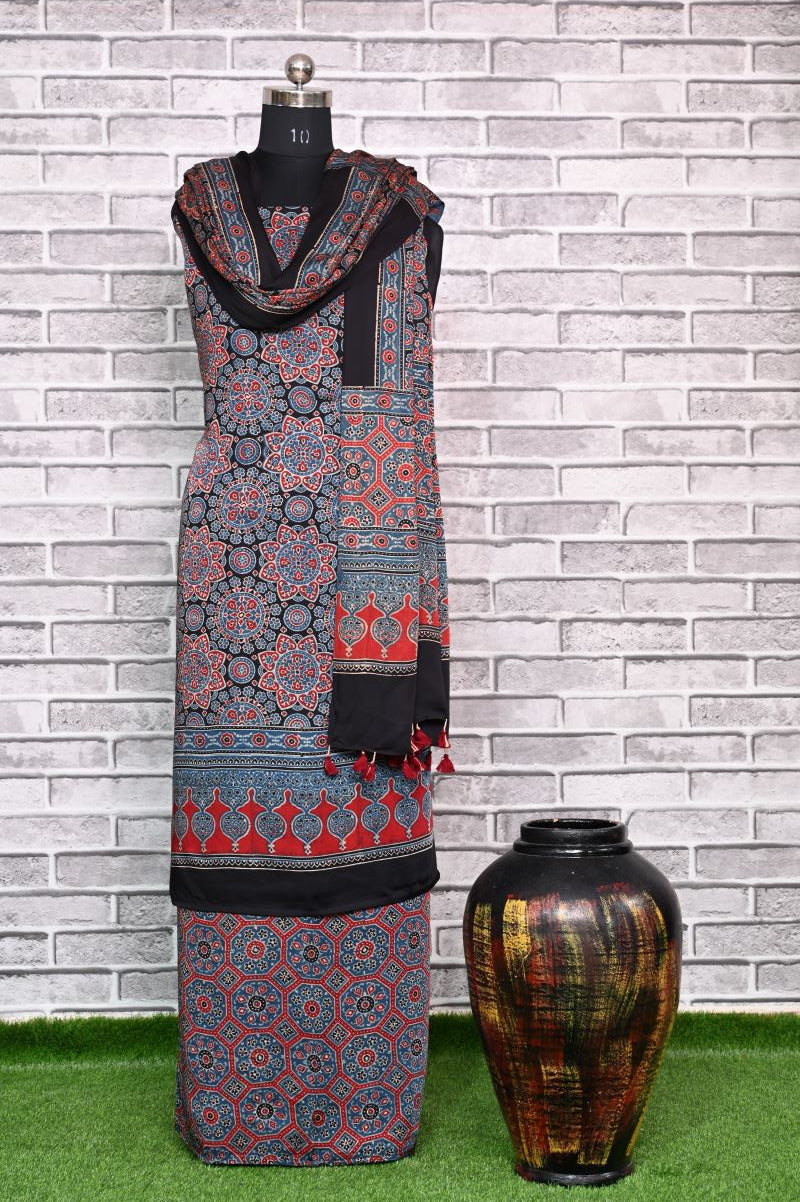 Indigo Madhagalo Unstitched Modal Silk Ajrakh Print Suit