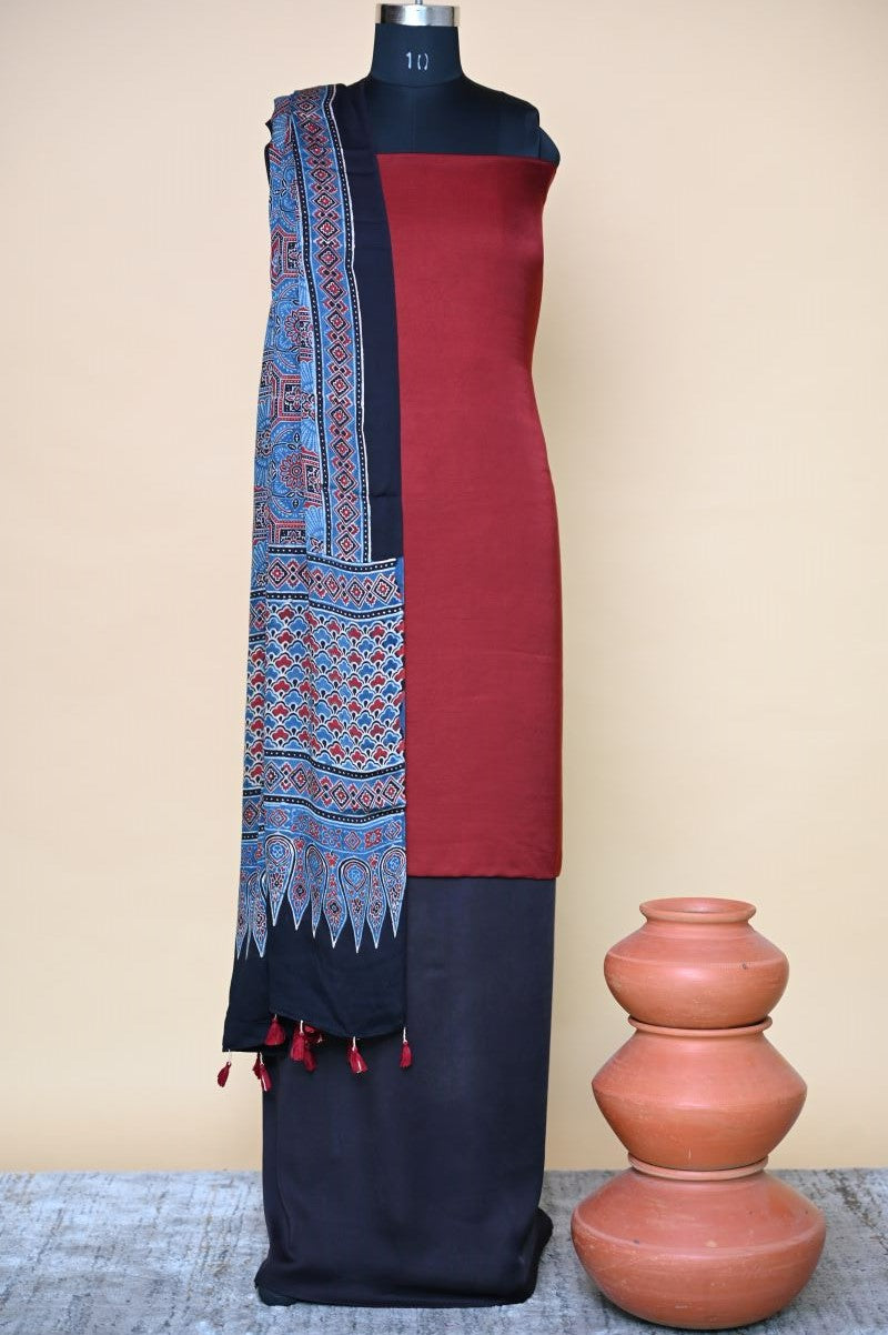 Indigo Red Modal Silk Ajrakh Dupatta