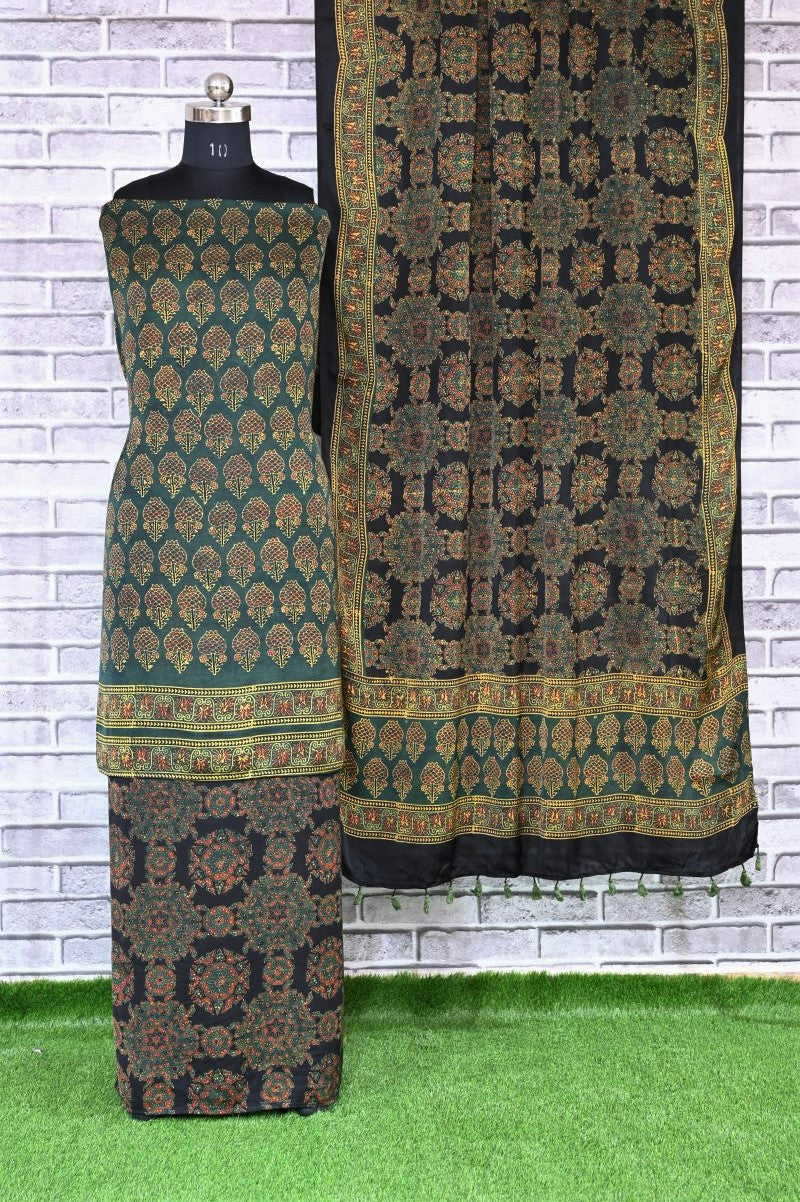 Green Kamal Pital Unstitched Modal Silk Ajrakh Print Suit