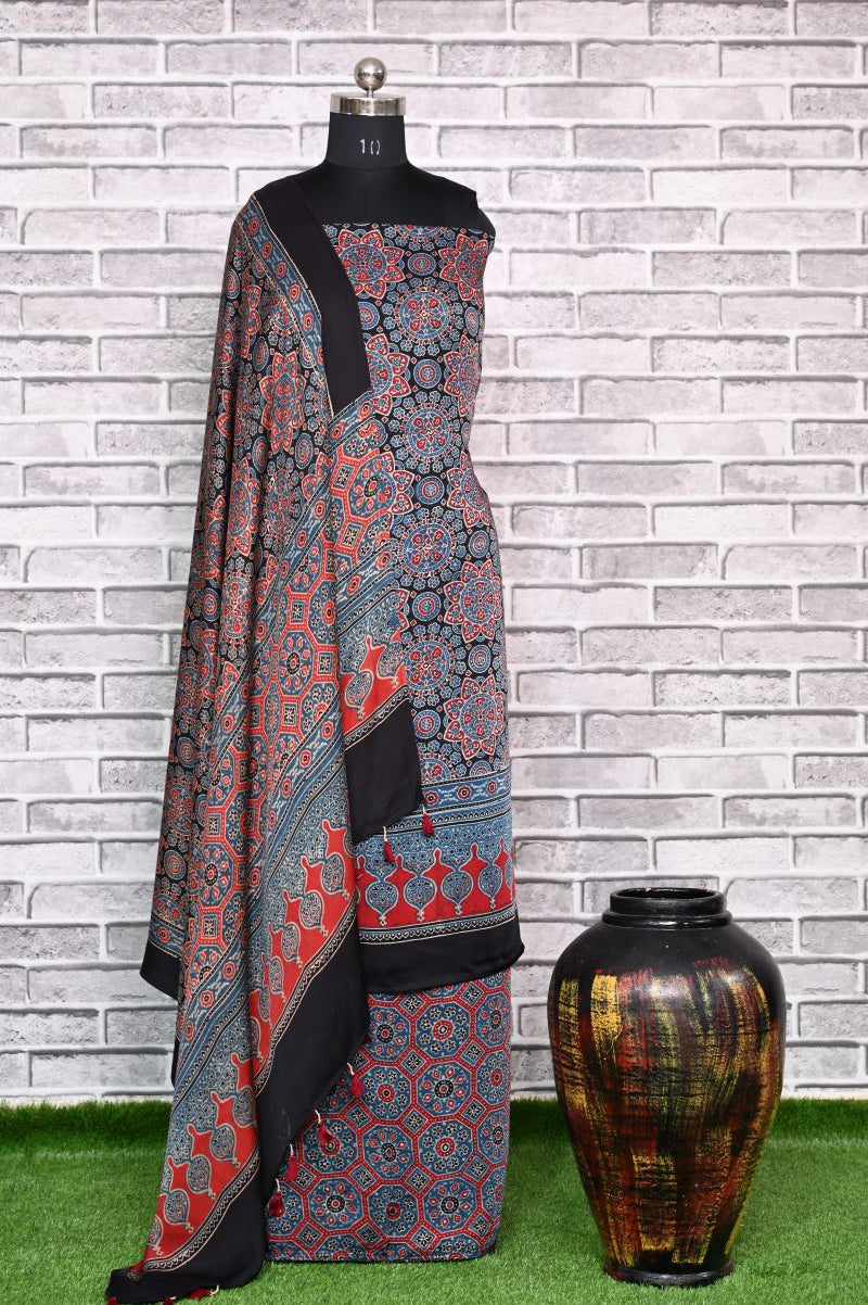 Indigo Madhagalo Unstitched Modal Silk Ajrakh Print Suit