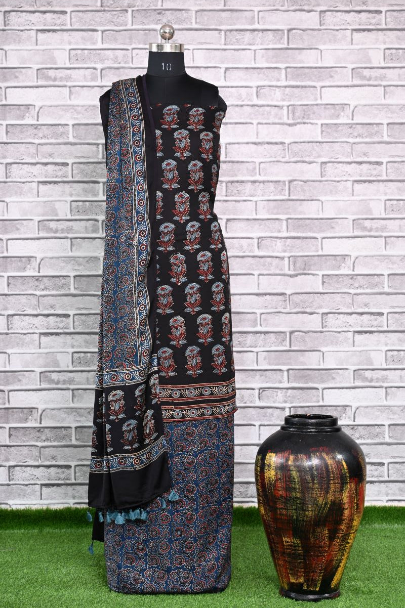Black Indigo Guvad Unstitched Modal Silk Ajrakh Print Suit
