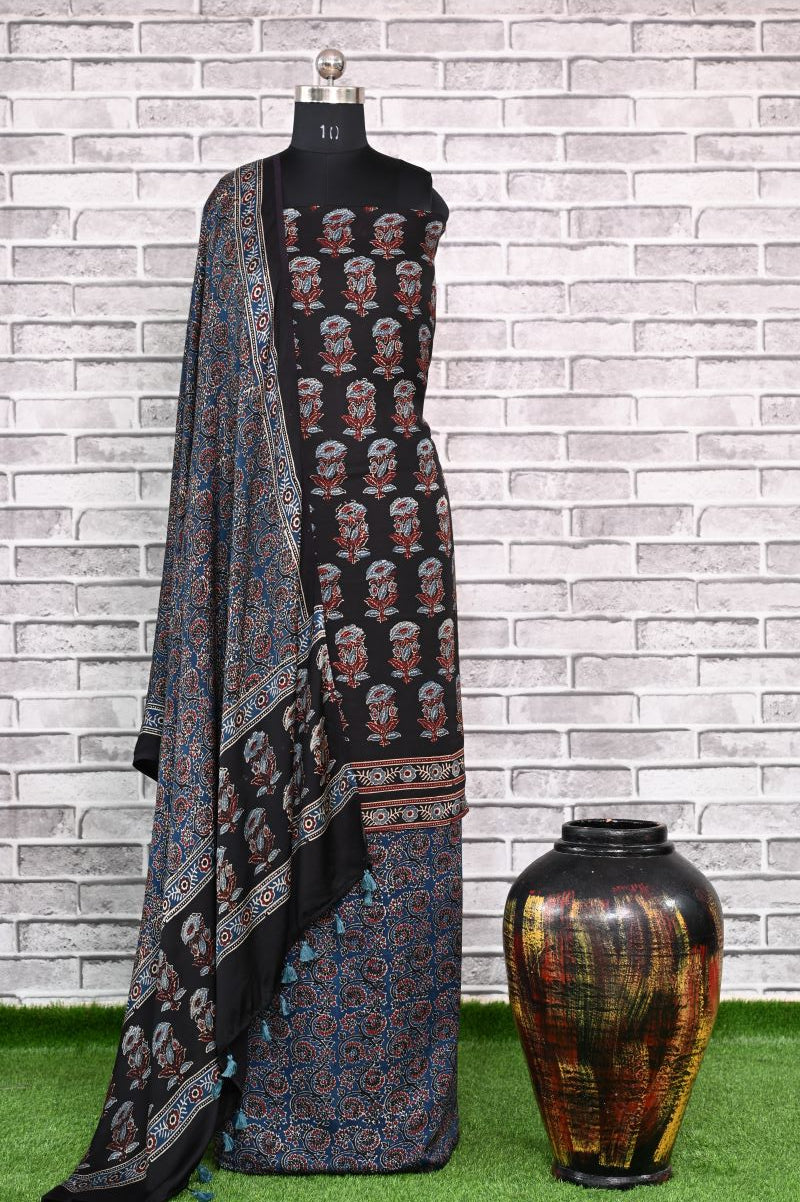Black Indigo Guvad Unstitched Modal Silk Ajrakh Print Suit