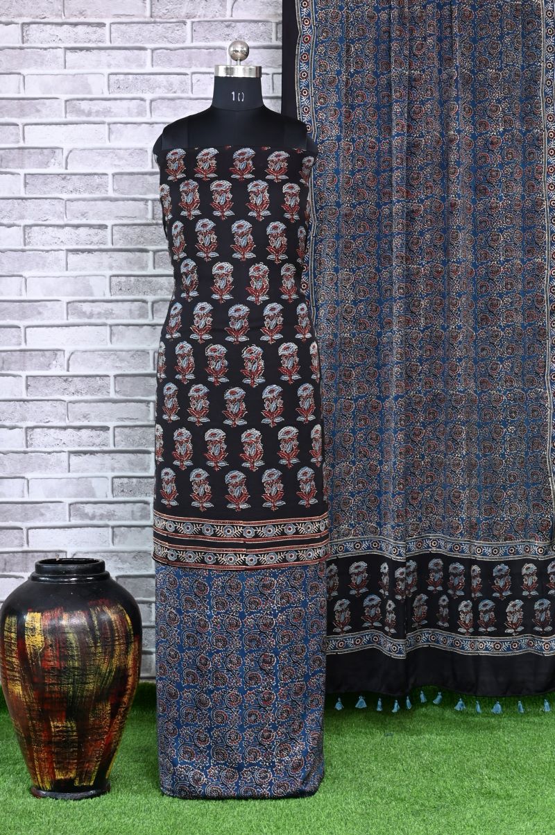 Black Indigo Guvad Unstitched Modal Silk Ajrakh Print Suit