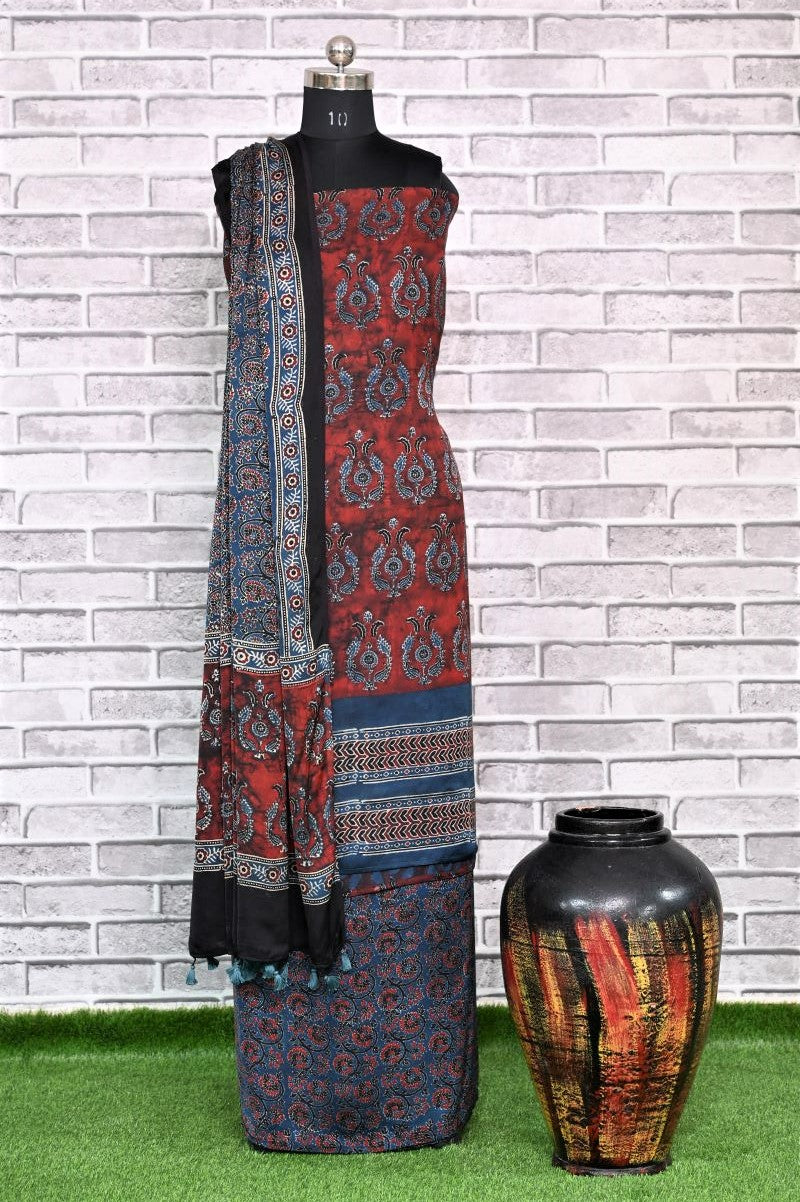 Smokey Red Unstitched Modal Silk Ajrakh Print Suit