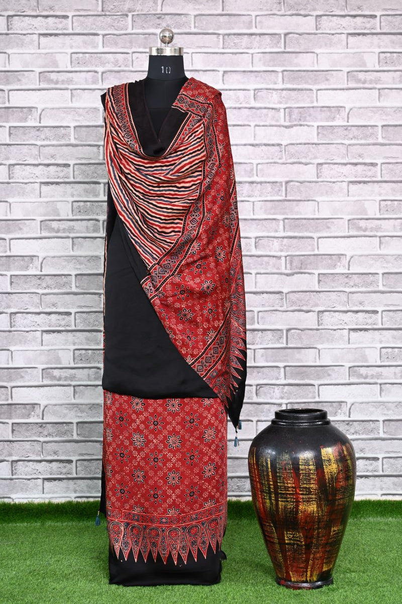 Black Stria Unstitched Modal Silk Ajrakh Print Suit