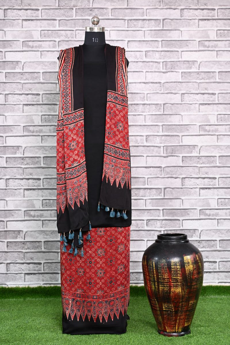 Black Stria Unstitched Modal Silk Ajrakh Print Suit