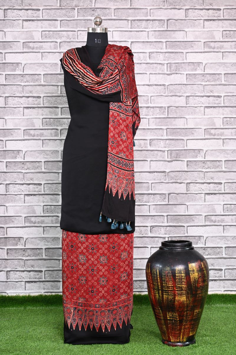 Black Stria Unstitched Modal Silk Ajrakh Print Suit