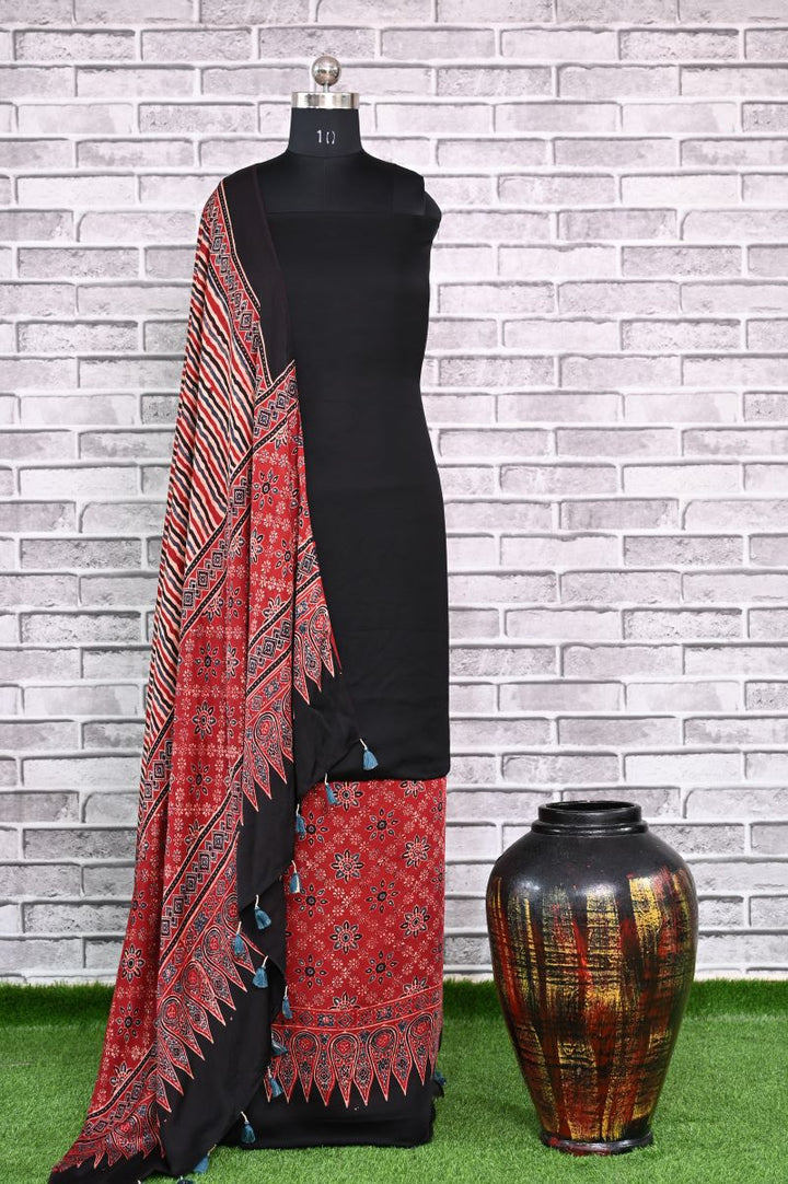Black Stria Unstitched Modal Silk Ajrakh Print Suit