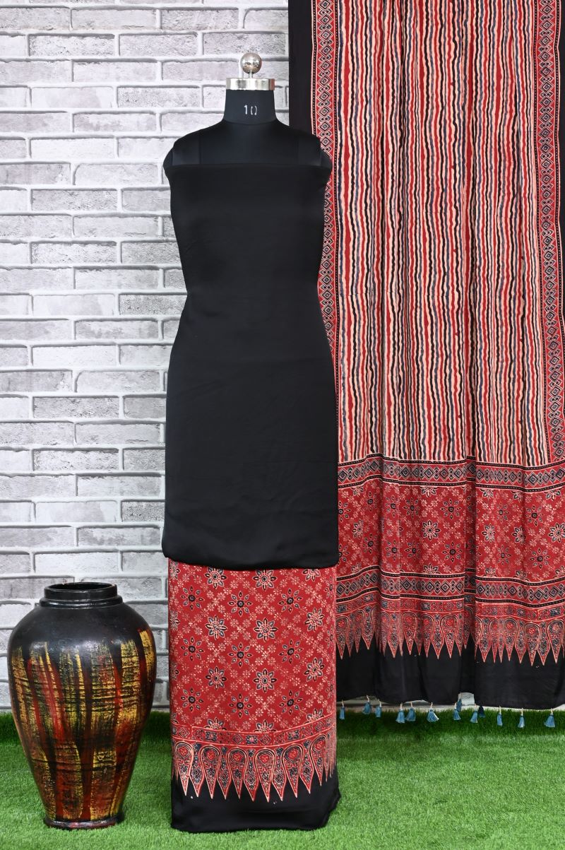 Black Stria Unstitched Modal Silk Ajrakh Print Suit