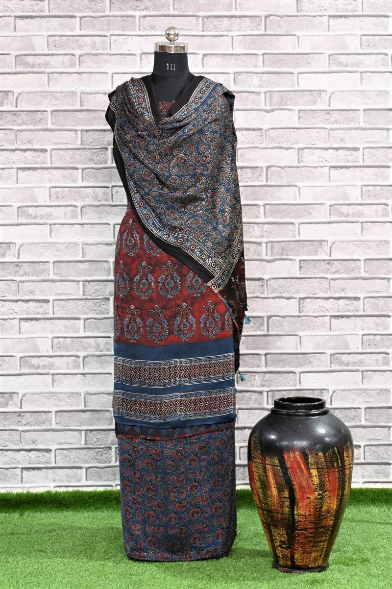 Smokey Red Unstitched Modal Silk Ajrakh Print Suit
