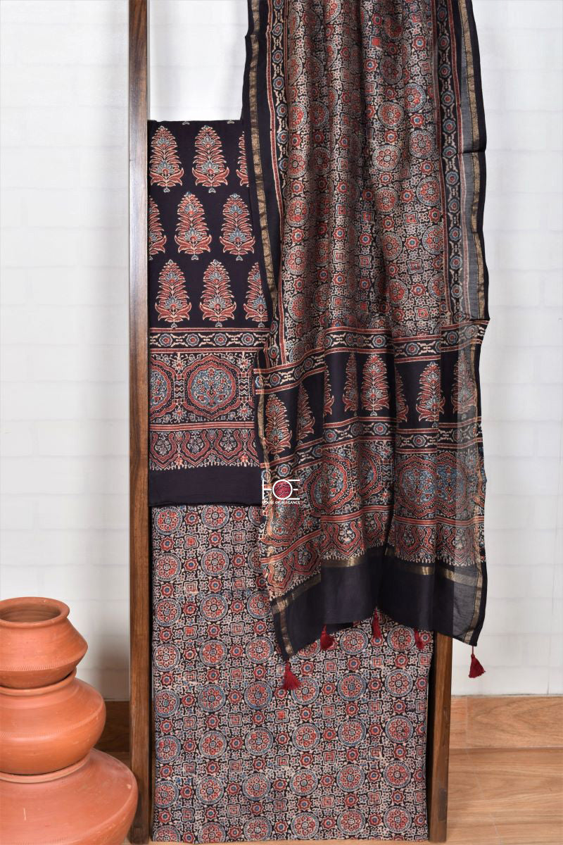 Black Pine Minkundi / Cotton-Chanderi | Ajrakh | 3 Pcs Suit - Handcrafted Home decor and Lifestyle Products