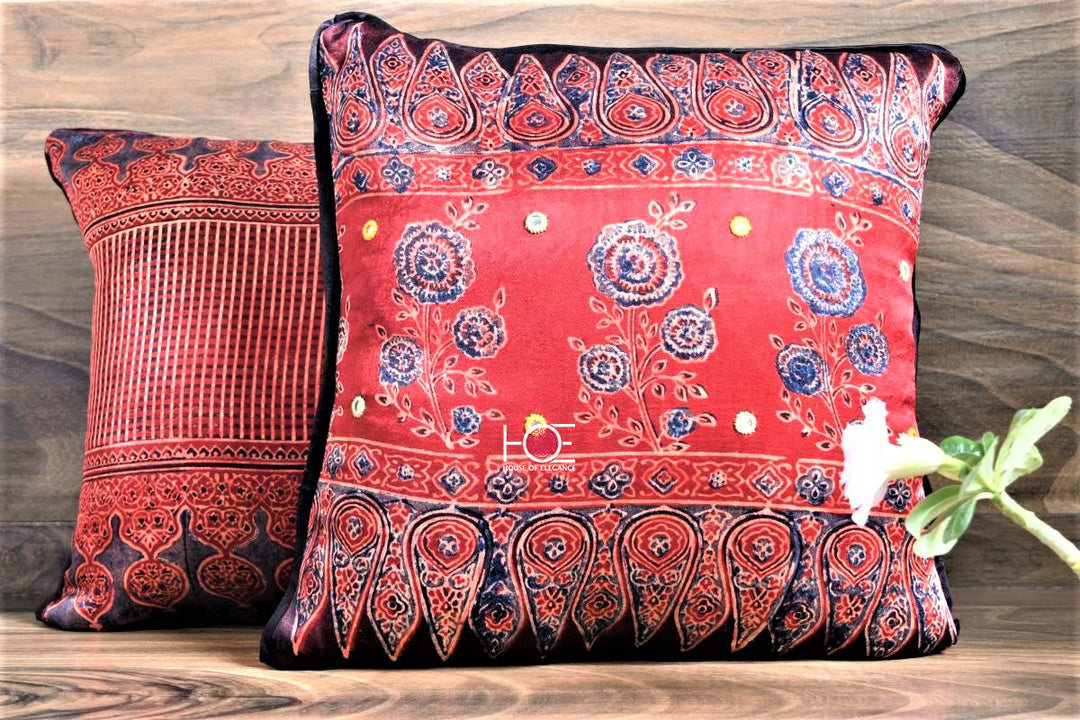Red Indigo / Mushroo Silk | Ajrakh | Set of 3 Pcs (16X16) - Handcrafted Home decor and Lifestyle Products
