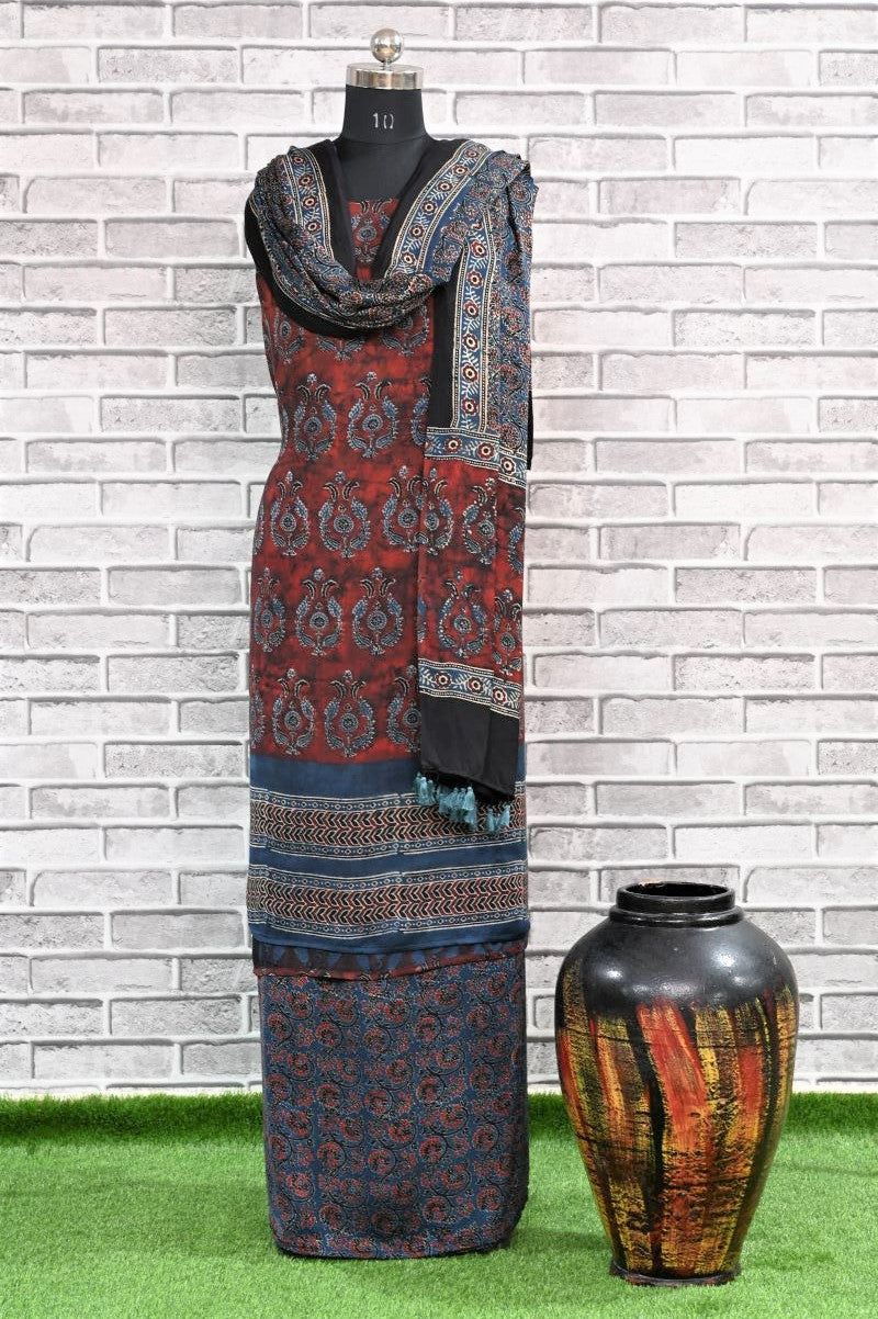 Smokey Red Unstitched Modal Silk Ajrakh Print Suit