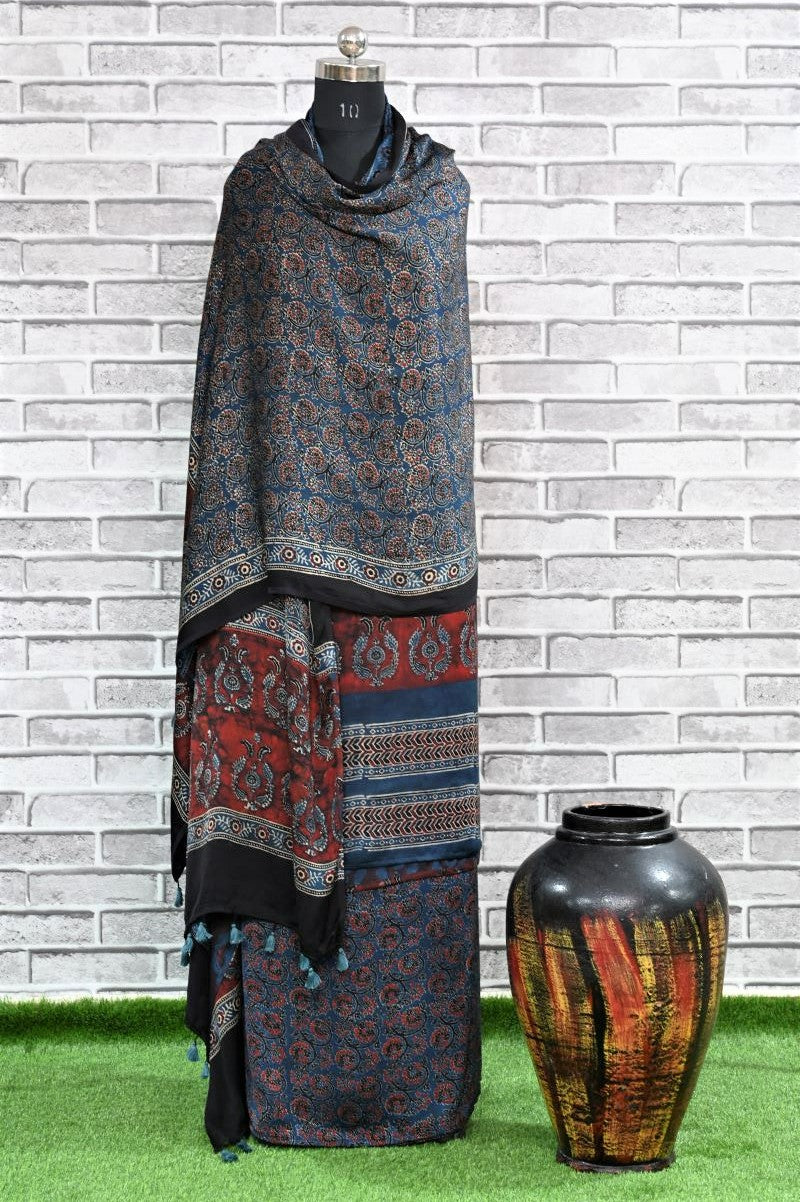 Smokey Red Unstitched Modal Silk Ajrakh Print Suit