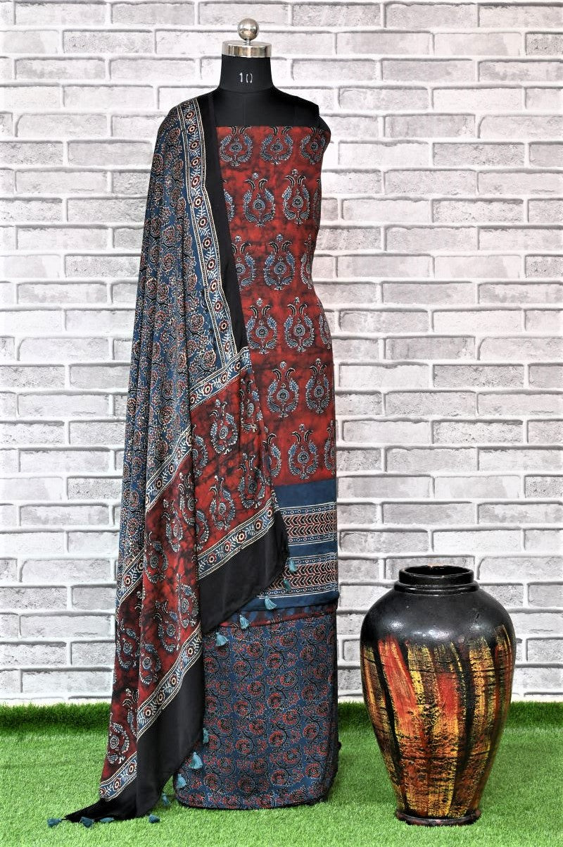Smokey Red Unstitched Modal Silk Ajrakh Print Suit