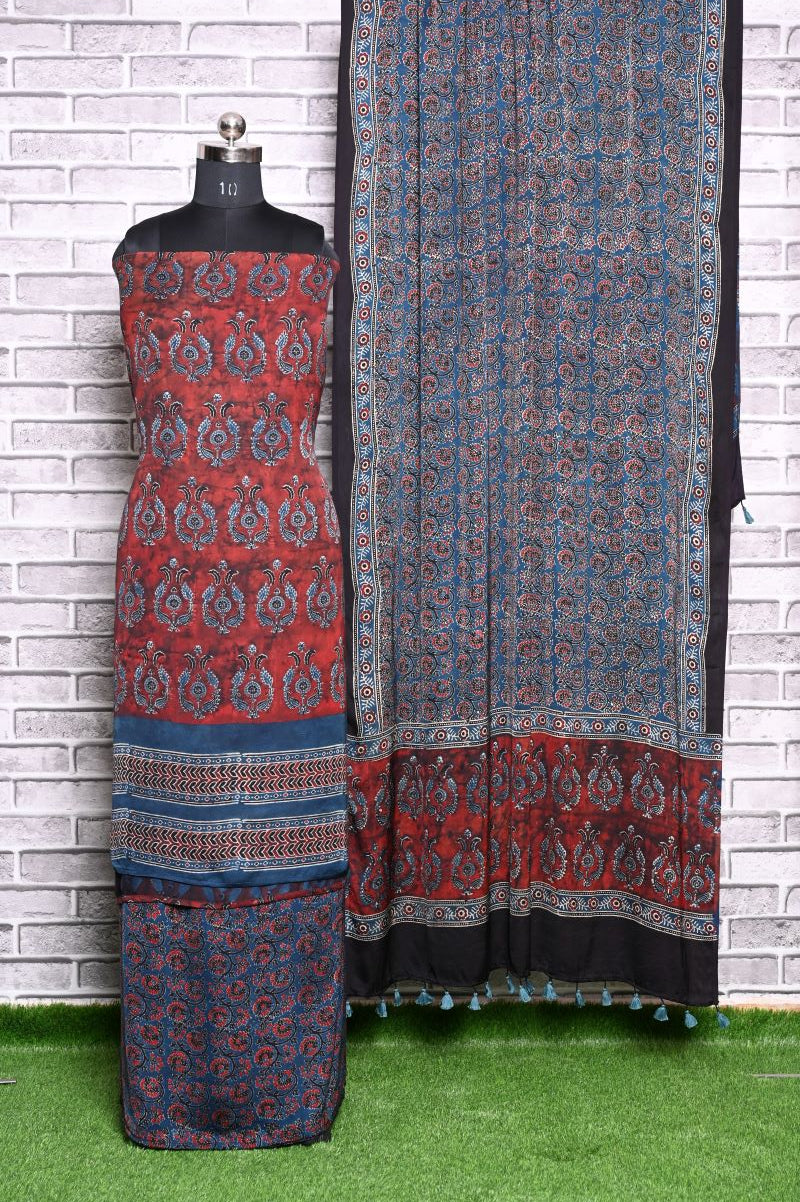 Smokey Red Unstitched Modal Silk Ajrakh Print Suit
