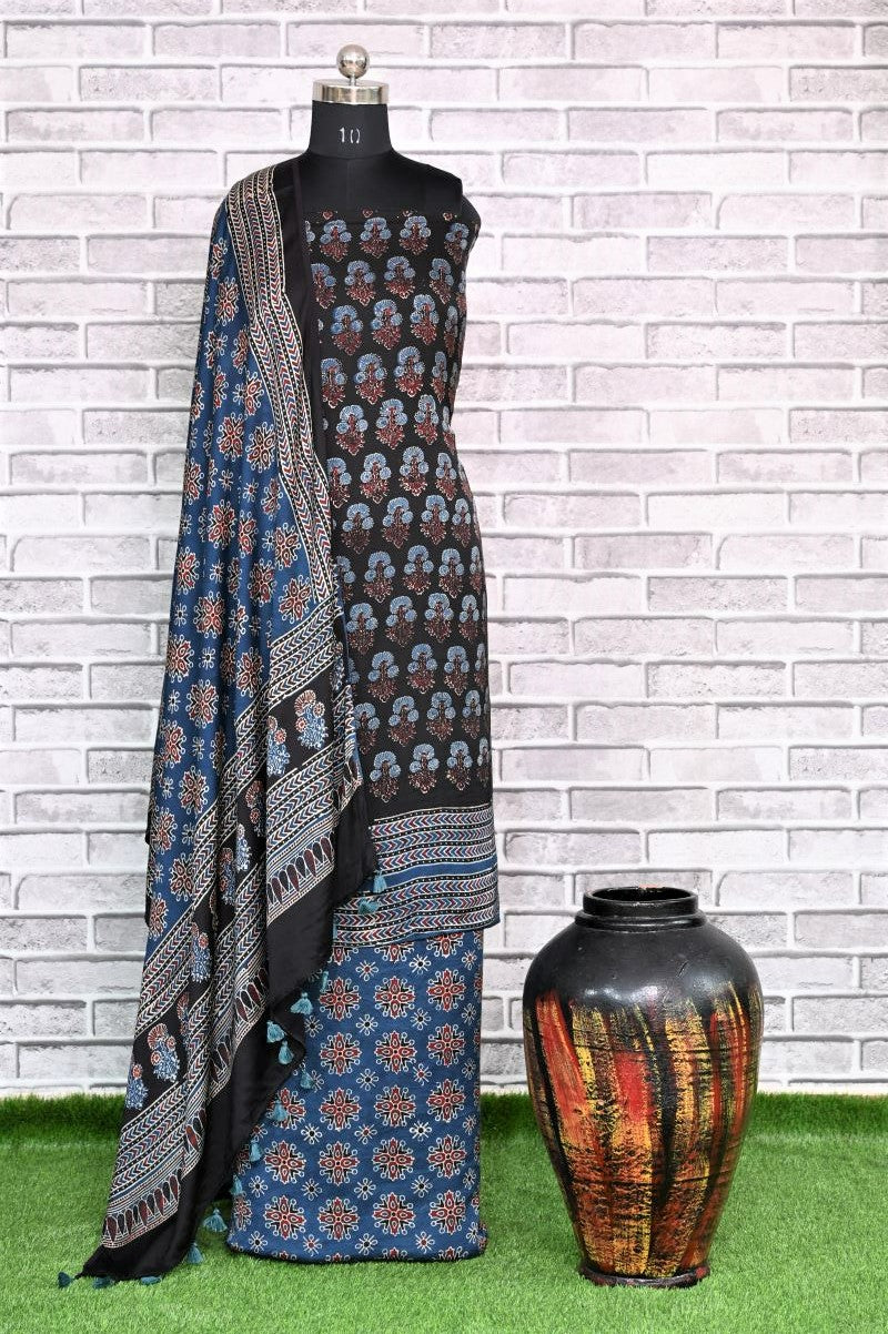 Kutchi Choufal Unstitched Modal Silk Ajrakh Print Suit