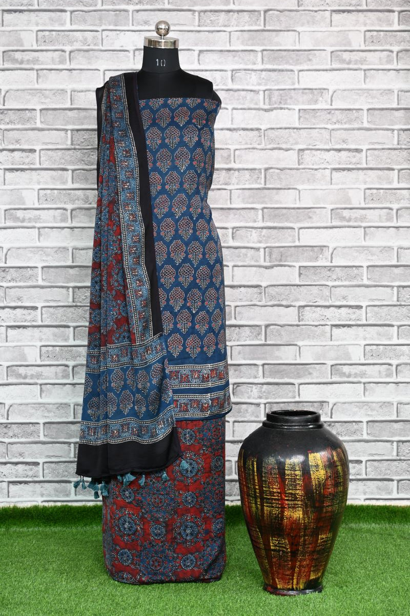 Indigo Red Unstitched Modal Silk Ajrakh Print Suit