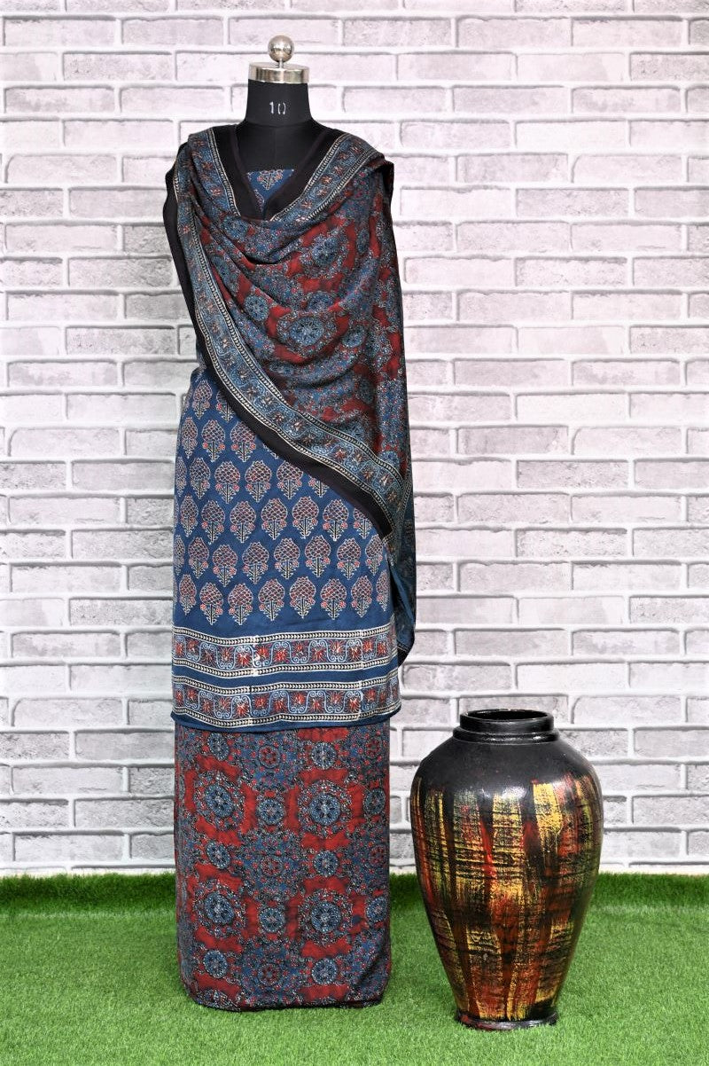 Indigo Red Unstitched Modal Silk Ajrakh Print Suit