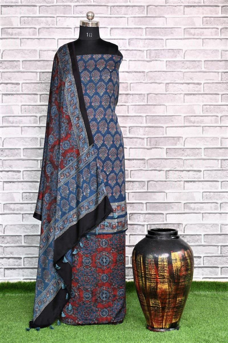 Indigo Red Unstitched Modal Silk Ajrakh Print Suit