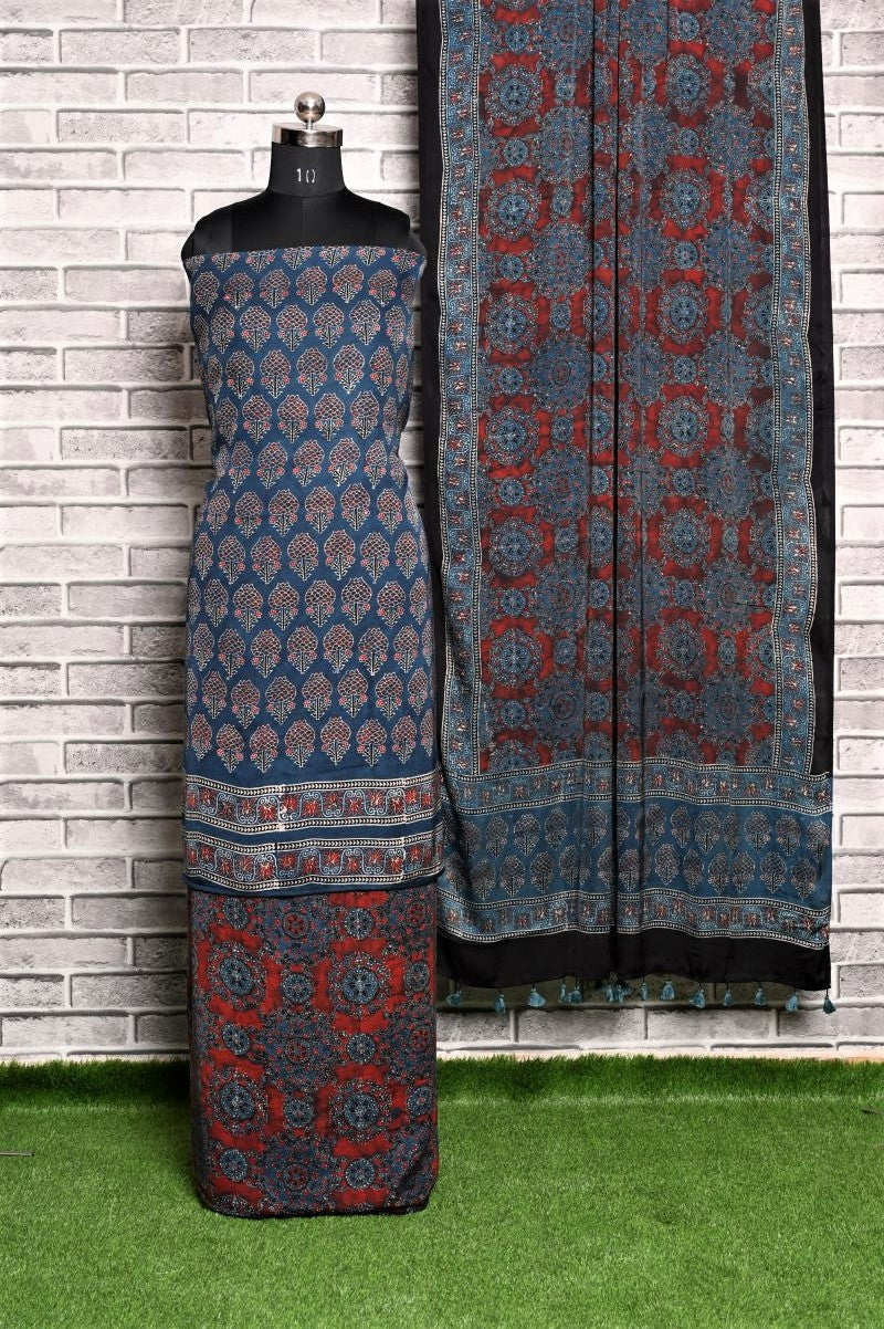 Indigo Red Unstitched Modal Silk Ajrakh Print Suit